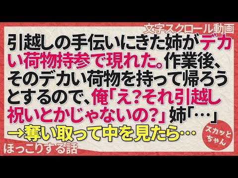 ほっこりする話 引越しの手伝いにきた姉がデカい荷物持参で現れた。作業後、そのデカい荷物を持って帰ろうとするので、俺「え？それ引越し祝いとかじゃないの？」姉「…」→奪い取って中を見たら… スカッとちゃん