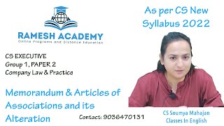 CS Executive| Company Law| Memorandum and Articles of Association class English By CS Soumya Mahajan