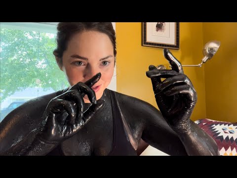 ASMR Woman Applying Liquid Latex Paint - Black Latex Gloves and Top - Sticky Latex Sounds!