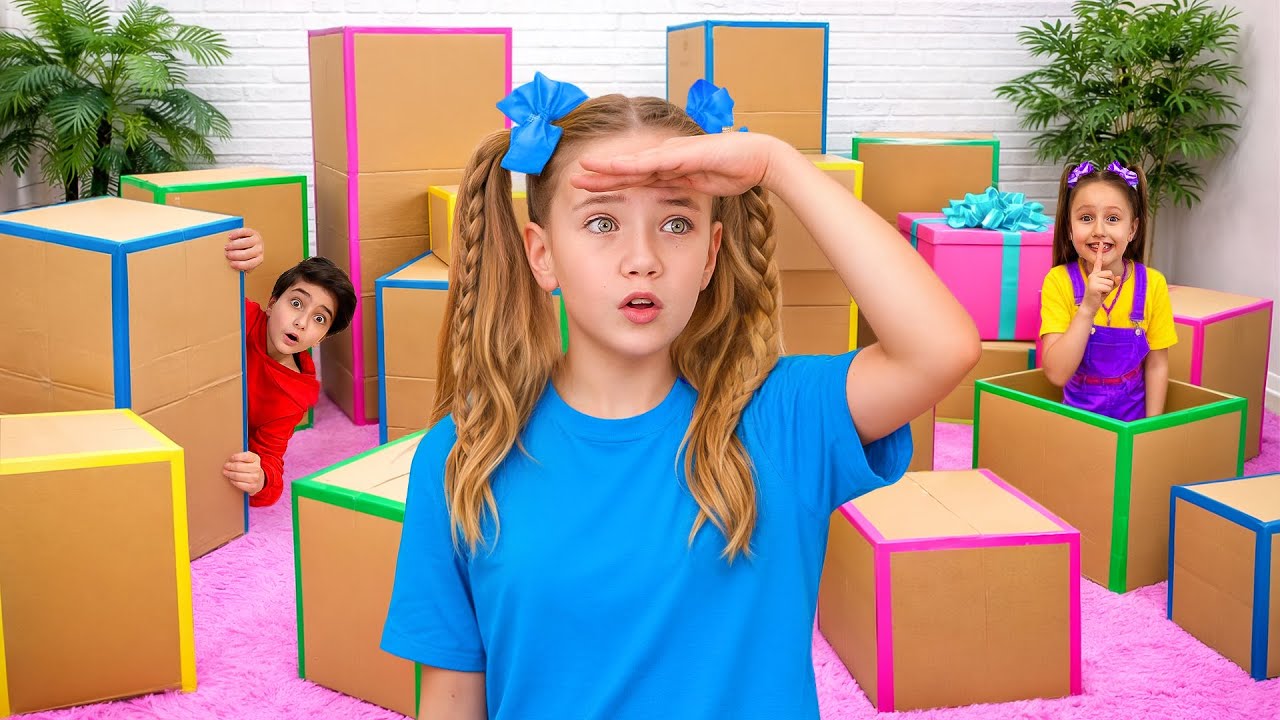 Playing hide and seek in one color boxes - YouTube