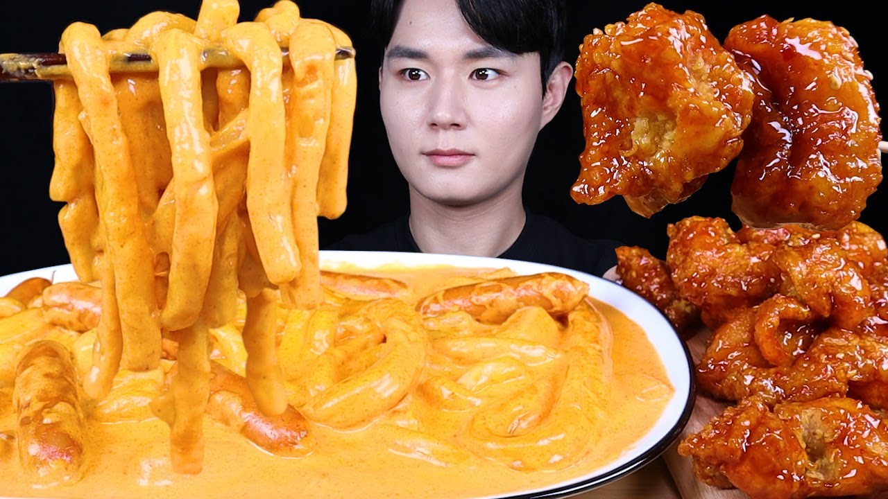 로제떡볶이 양념치킨 소세지 떡볶이 치킨 먹방ASMR MUKBANG SPICY TTEOKBOKKI & FRIED CHICKEN ロゼ トッポッキ チキン eating sounds