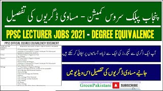 PPSC Lecturer Jobs 2021 Equivalency of Degrees | PPSC Degree Equivalence List for Different Subjects