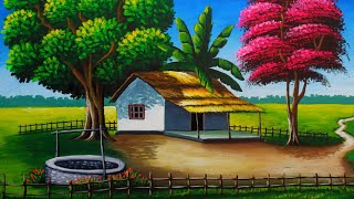 Indian village house drawing painting | nature drawing easy
