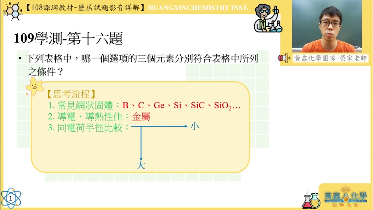 【109學測自然第十六題/109化學學測16】 16.下列表格中，哪一個選項的三個元素分別符合表格中所列之條件？1080HD