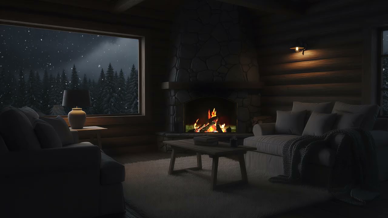 Gentle Snow Drifting Beyond a Warm Cabin Window | Light Fireplace Ambience in a Silent Winter Forest