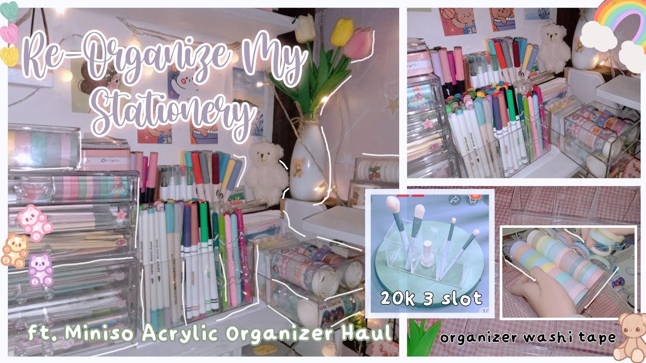 Re-Organize My Stationery✨ ft Shopee Miniso acrylic haul (Washi Tape and brushp pen collection) 🌼