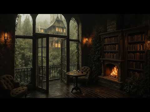 A Cozy Study Room with Fireplace | Rain Falls Beyond the Window with Dark Academia Piano
