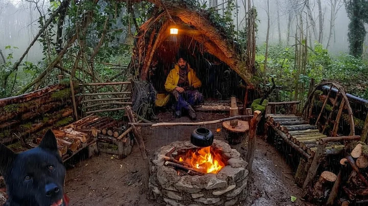 7 Days SOLO SURVIVAL CAMPING In HEAVY RAIN, THUNDER - Building Warm BUSHCRAFT SHELTER