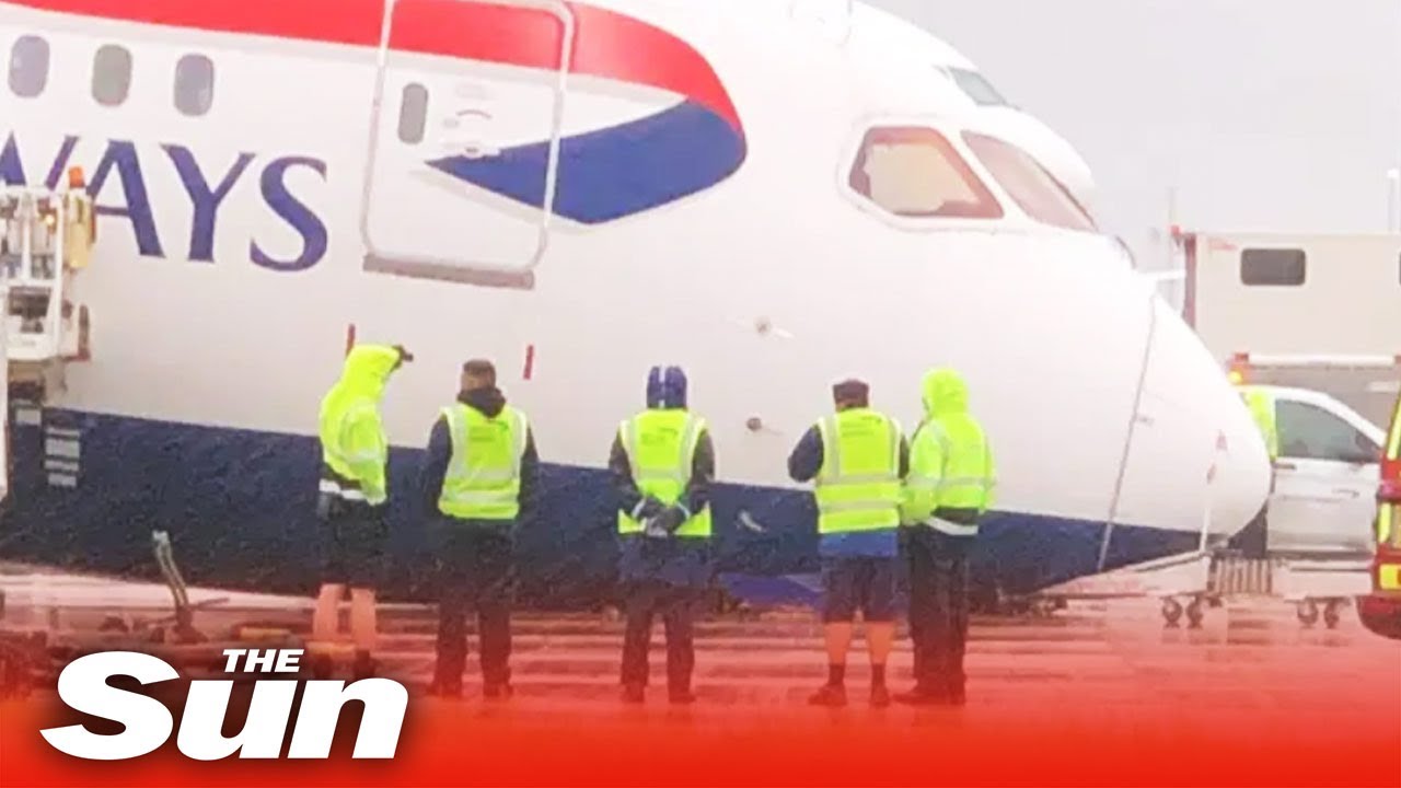 Chaos as British Airways plane’s nose COLLAPSES at Heathrow Airport