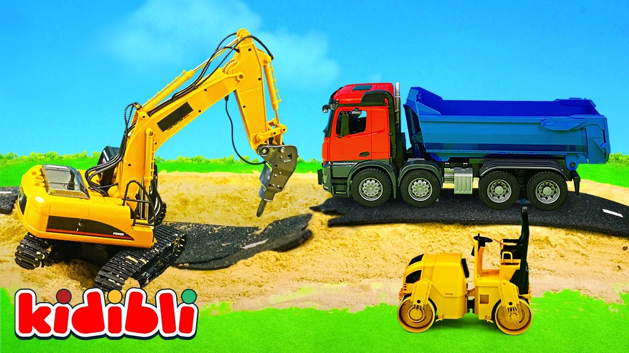 Straße kaputt! 🚜🚧 So reparieren Bagger, LKW & Kipplaster sie! Bau-Spielzeug für Kinder | Kidibli