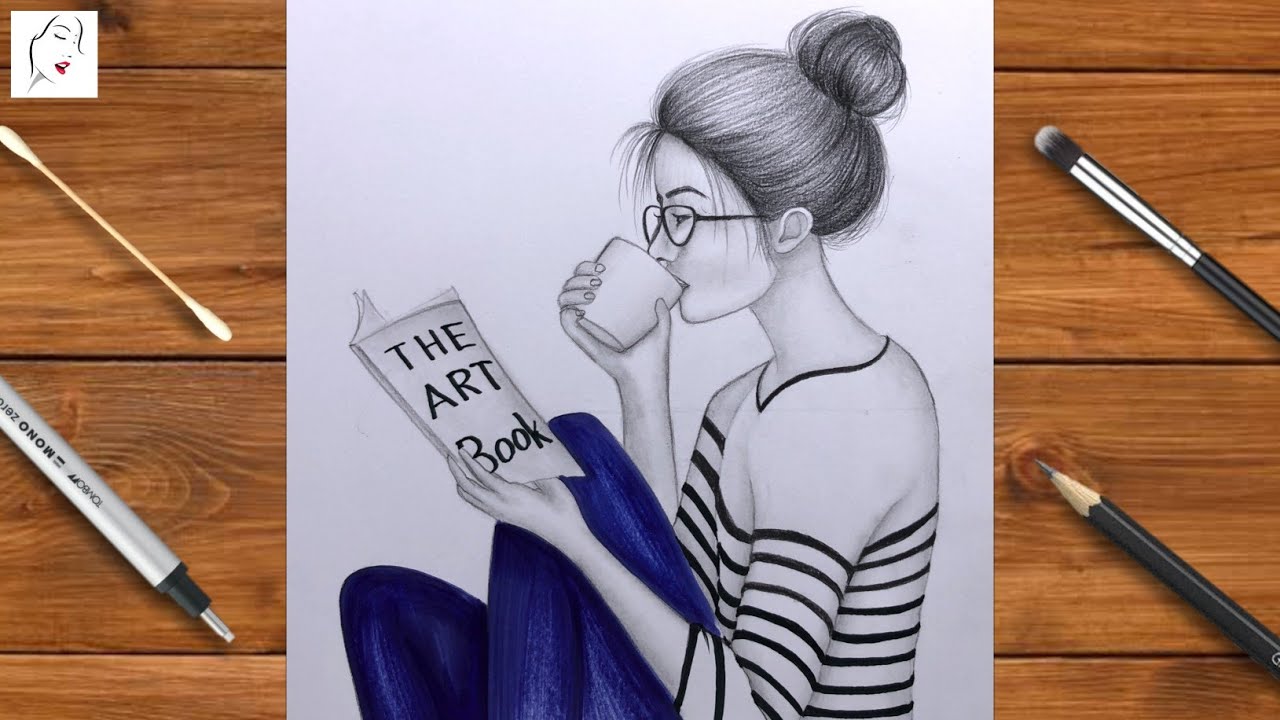 How to draw a girl reading a book step by step