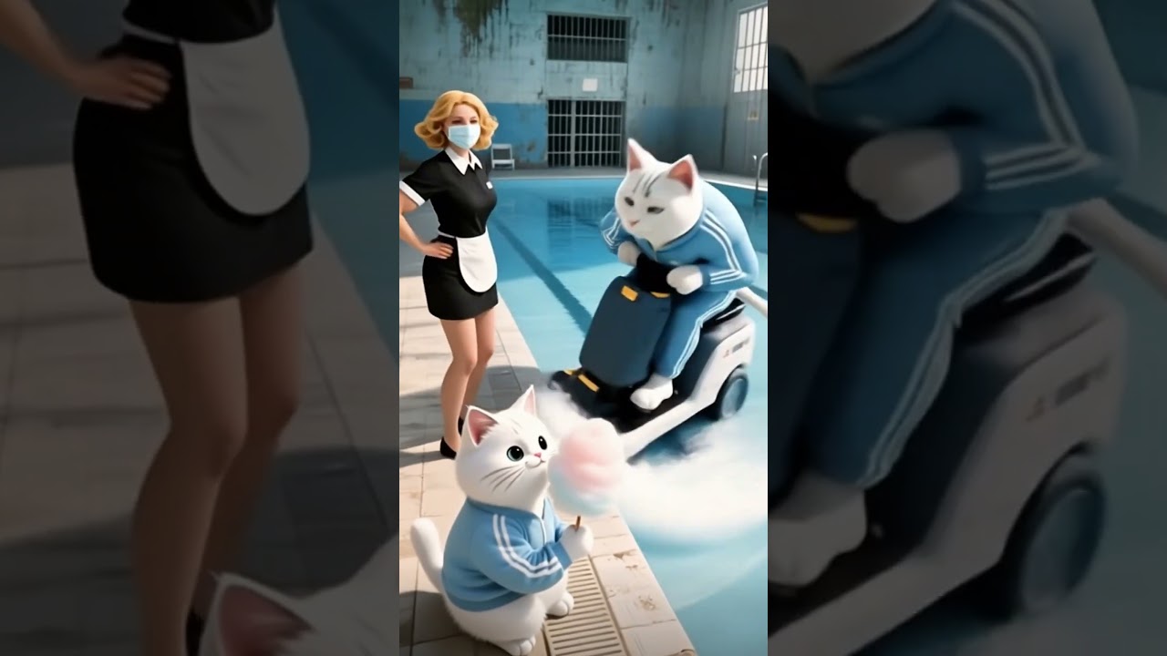 😭Why did the cat dad drive the cleaning truck into the pool?