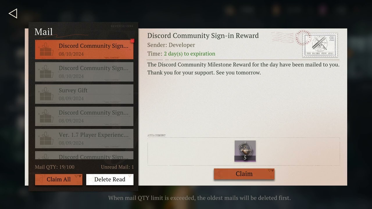 Reverse: 1999 - Discord Community Monthly Sign-in Milestone Rewards Mail - 10 Days