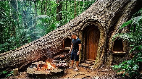 Alone in the Forest Building a Hidden Shelter INSIDE a GIANT Hollow Tree