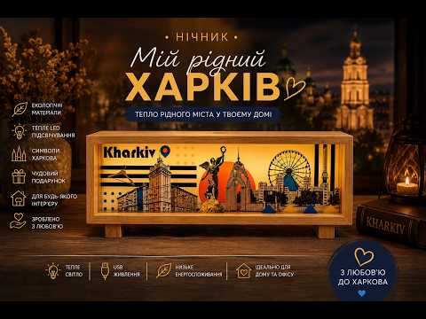 3D нічник "Мій рідний Харків" натуральне дерево (LED, Акумулятор, USB Type-C), видео 1