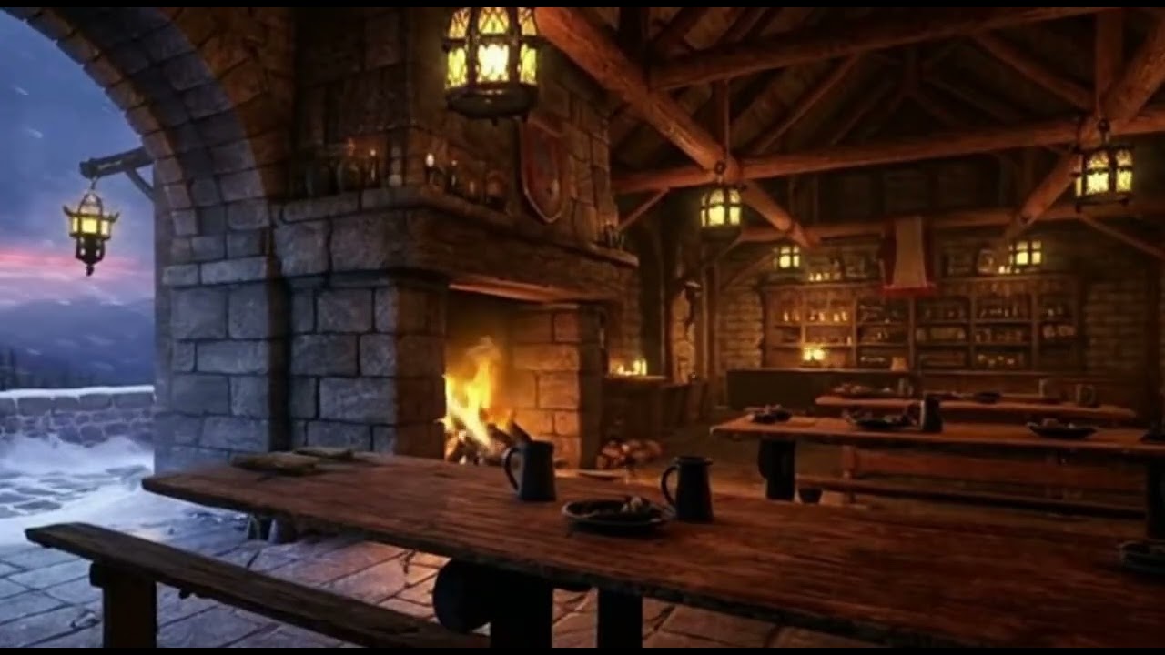 Medieval Tavern Fireplace, Wind & Snow 🔥 ❄️ | Cozy Stone Ambience for Sleep (3 Hours)