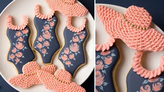 BATHING SUIT COOKIES with Wet-On-Wet ROYAL ICING ROSES and Basket Weave Sun Hats
