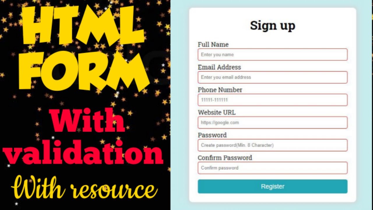 how to create html form , validation with html attribute , register ...