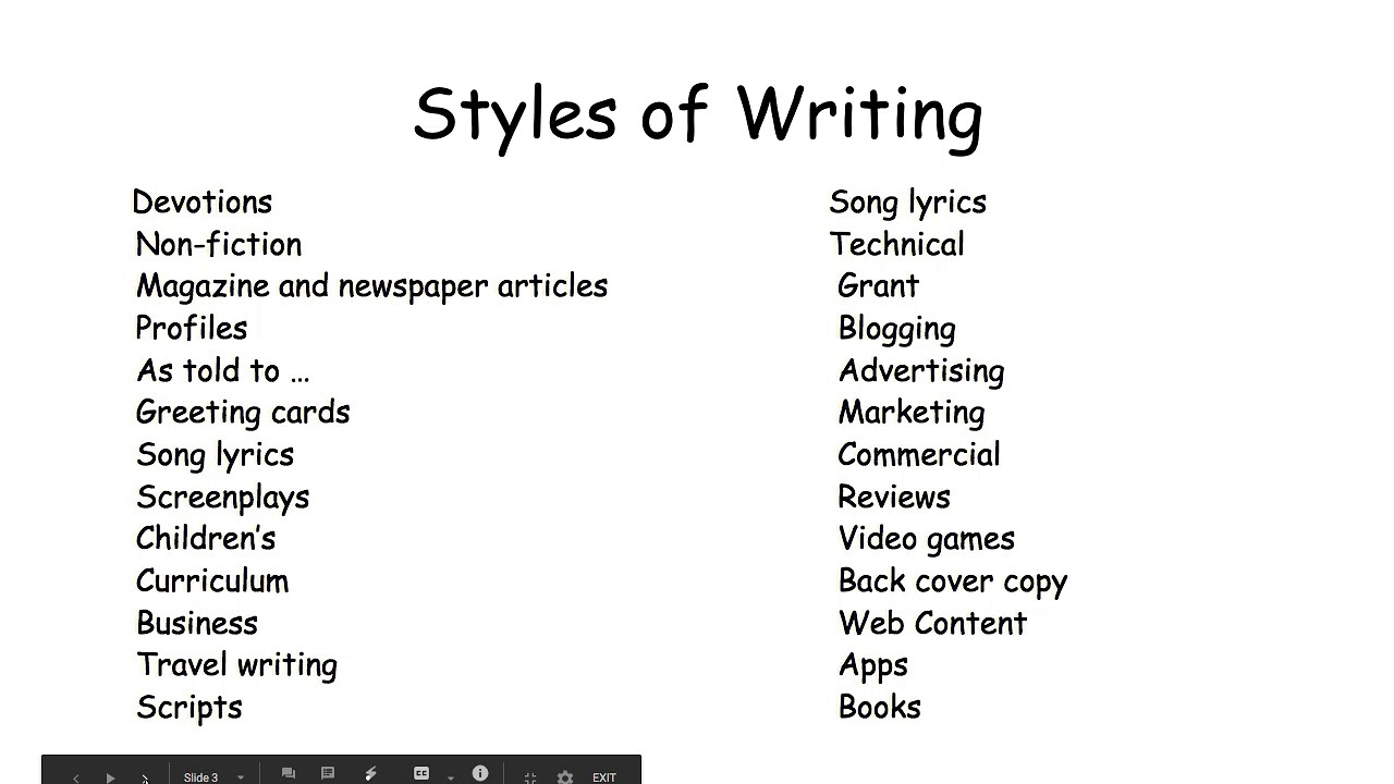 list 5 types of writing style