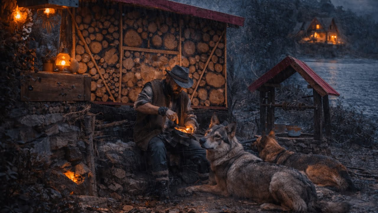 Rainy 3 Days in My Forest Cabin – Dogs, Fire, and Woodshed Building