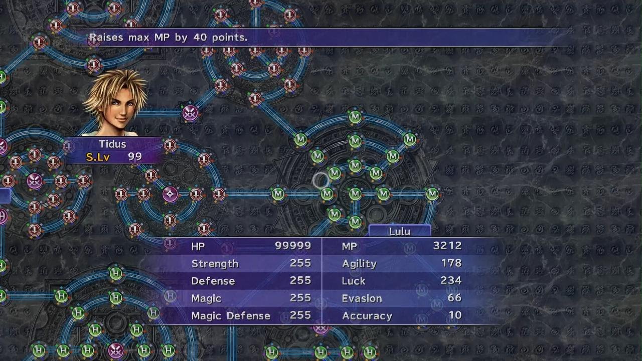 FINAL FANTASY X Aesthetic MAX stats 99,999 HP sphere grid