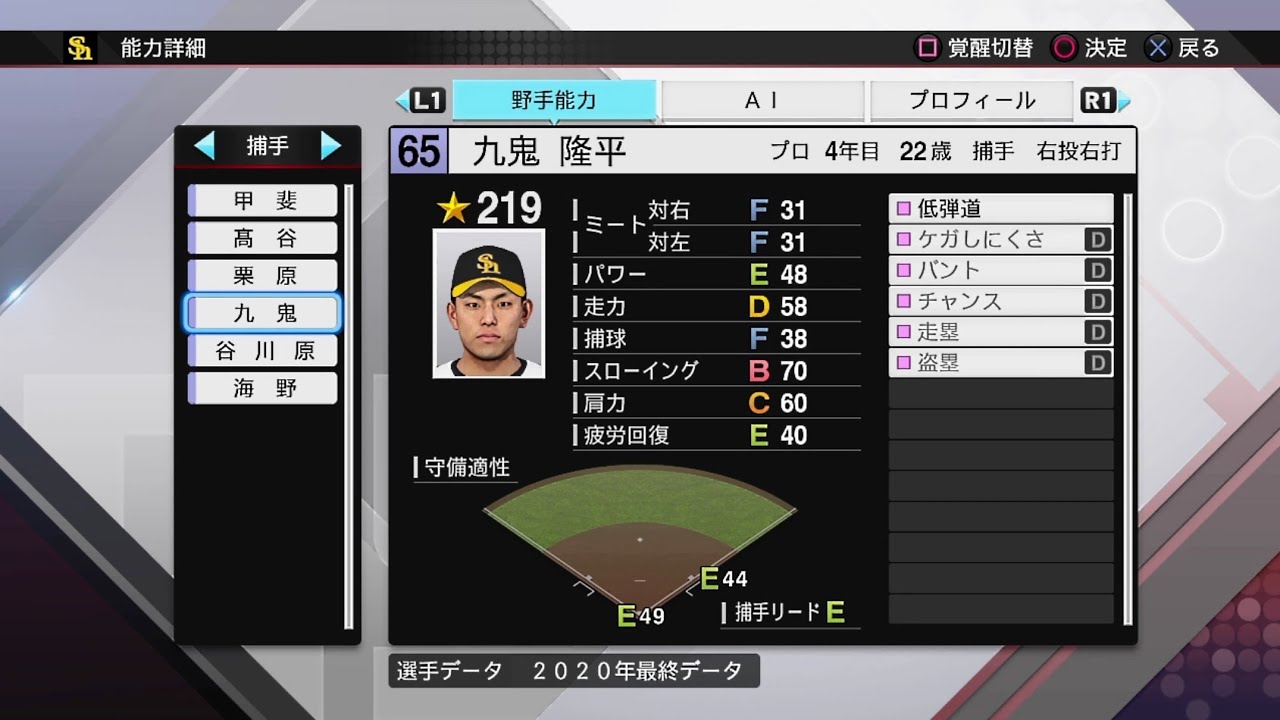プロスピ2020選手能力 / NPB PLAYER'S DATE】ソフトバンク 65 九鬼隆平