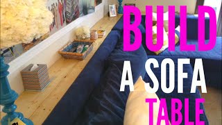 Check out How to Build a Sofa Table DIY style. 5ft 3in table: 3 - 1x4 boards @ 8ft w/ 1ft 5in extention (top) 6- 2x4 boards @ 7 1/2in (