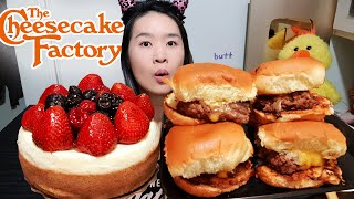 Cheesecake Factory Roadside Sliders \& Classic Cheesecake! Mini Cheeseburger, Strawberry Cake Mukbang
