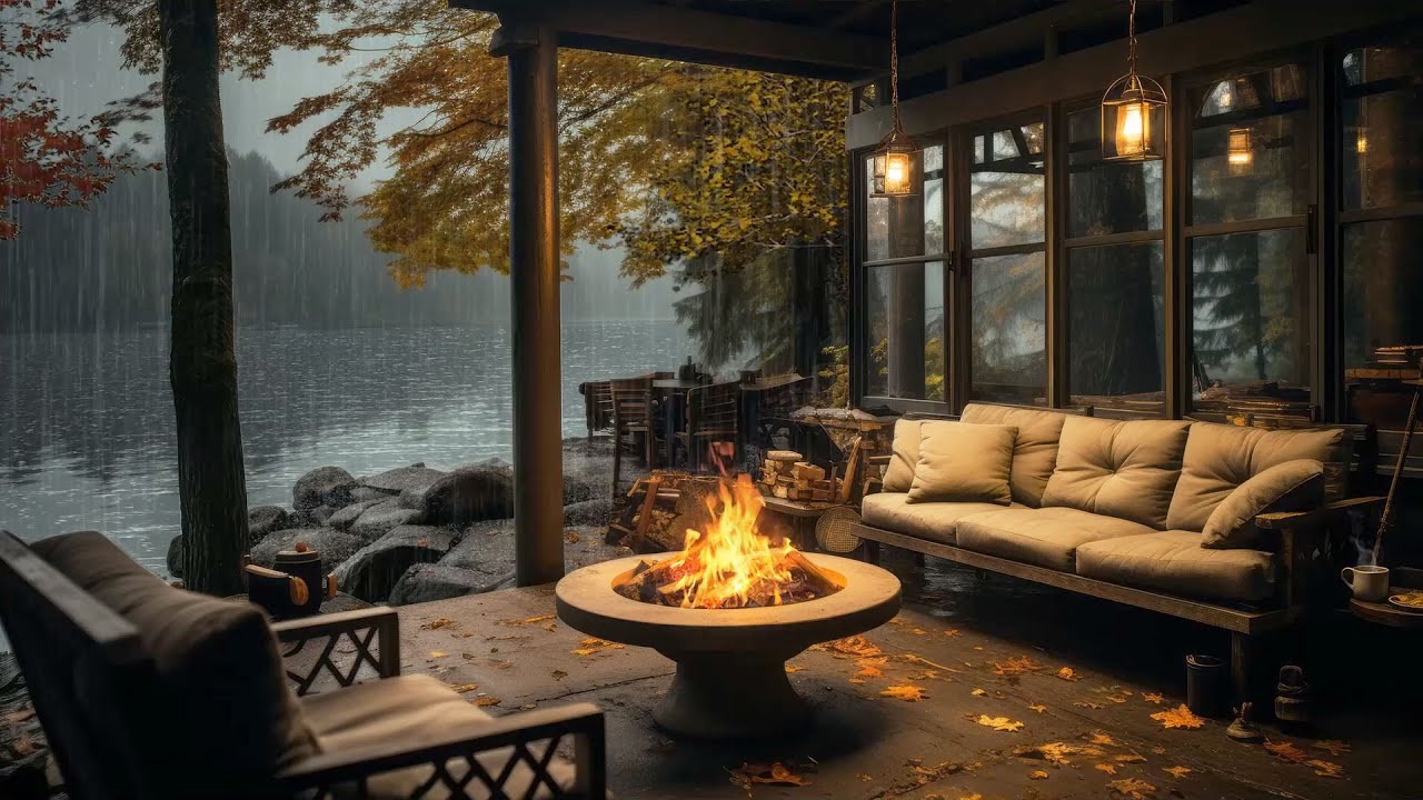 Cozy Porch on a Rainy Autumn Day | Relaxing rain with crackling ...