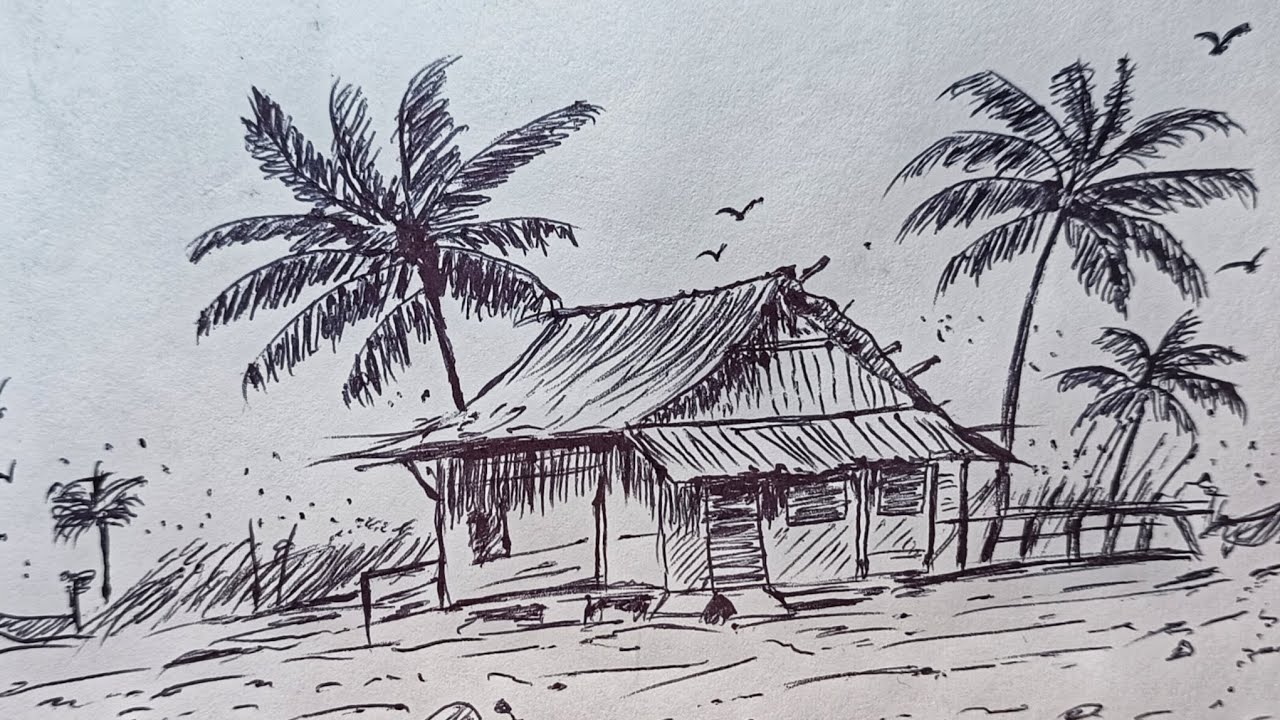 How to draw beautiful  village hut  & palm terees sketch | lnk pen drawing | coastal landscape ART