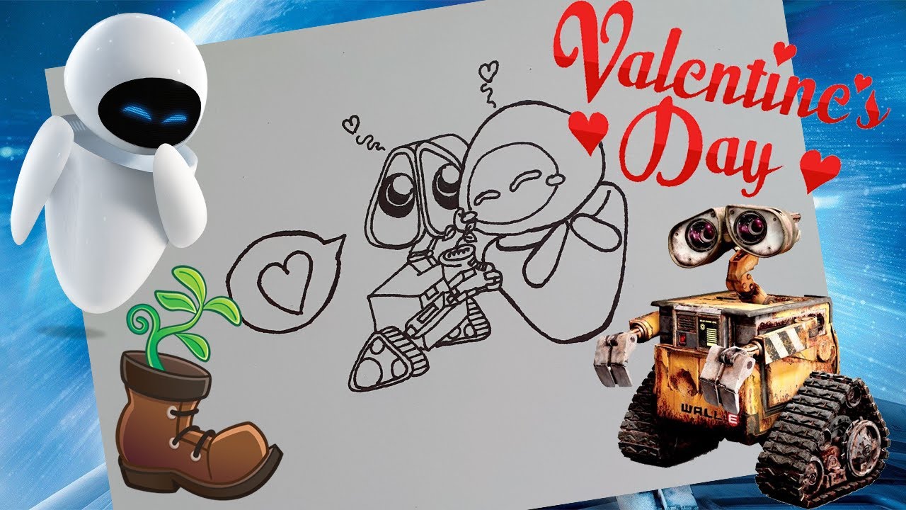 Dedica este DIBUJO FACIL PARA SAN VALENTIN de Wall e y Eva   Dia del amor y la amistad 14 de Febrero