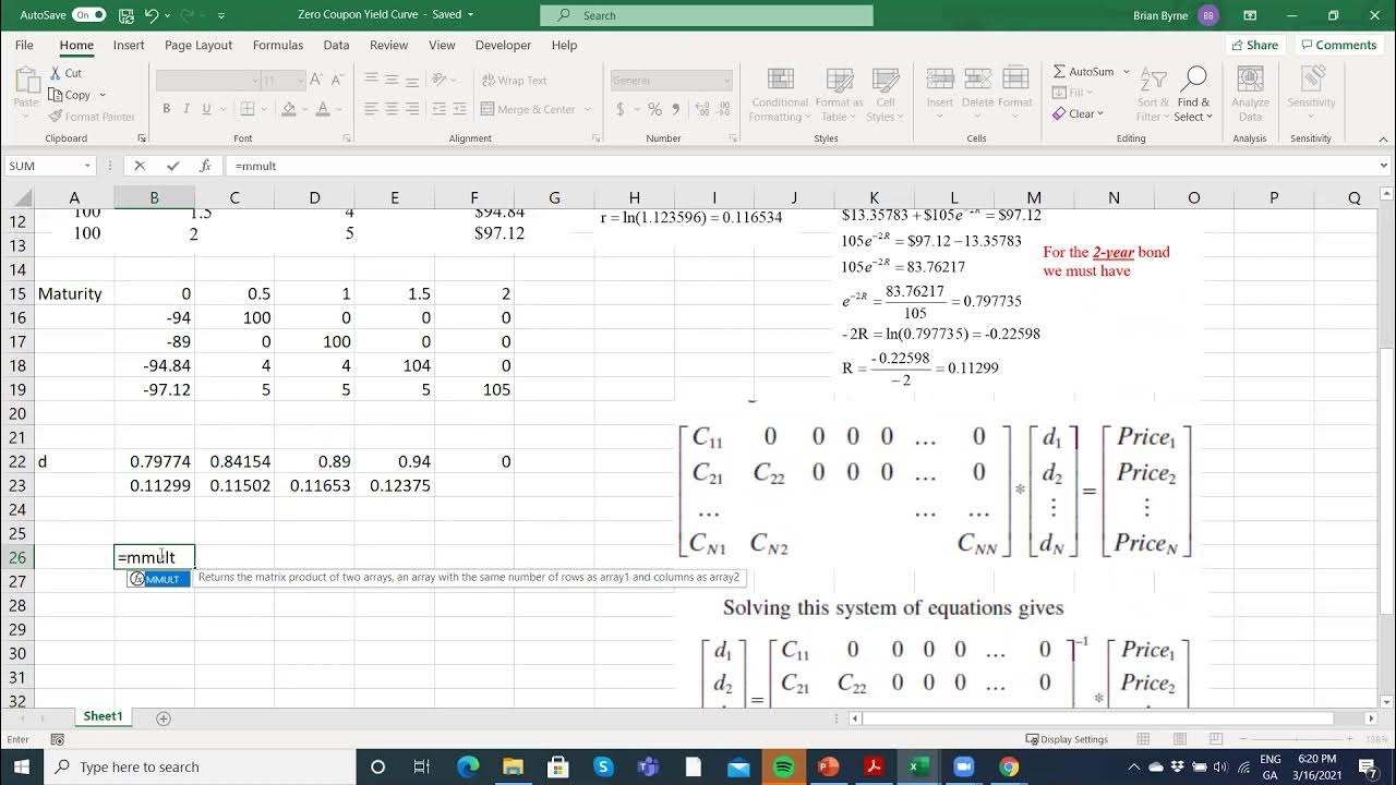 Estimating the zero coupon rate (term structure) using minverse and mmult operations in Excel