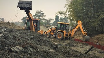 TWO JCB Backhoe Machine Working For Bridge Construction-Bridge Foundation Construction in Water.