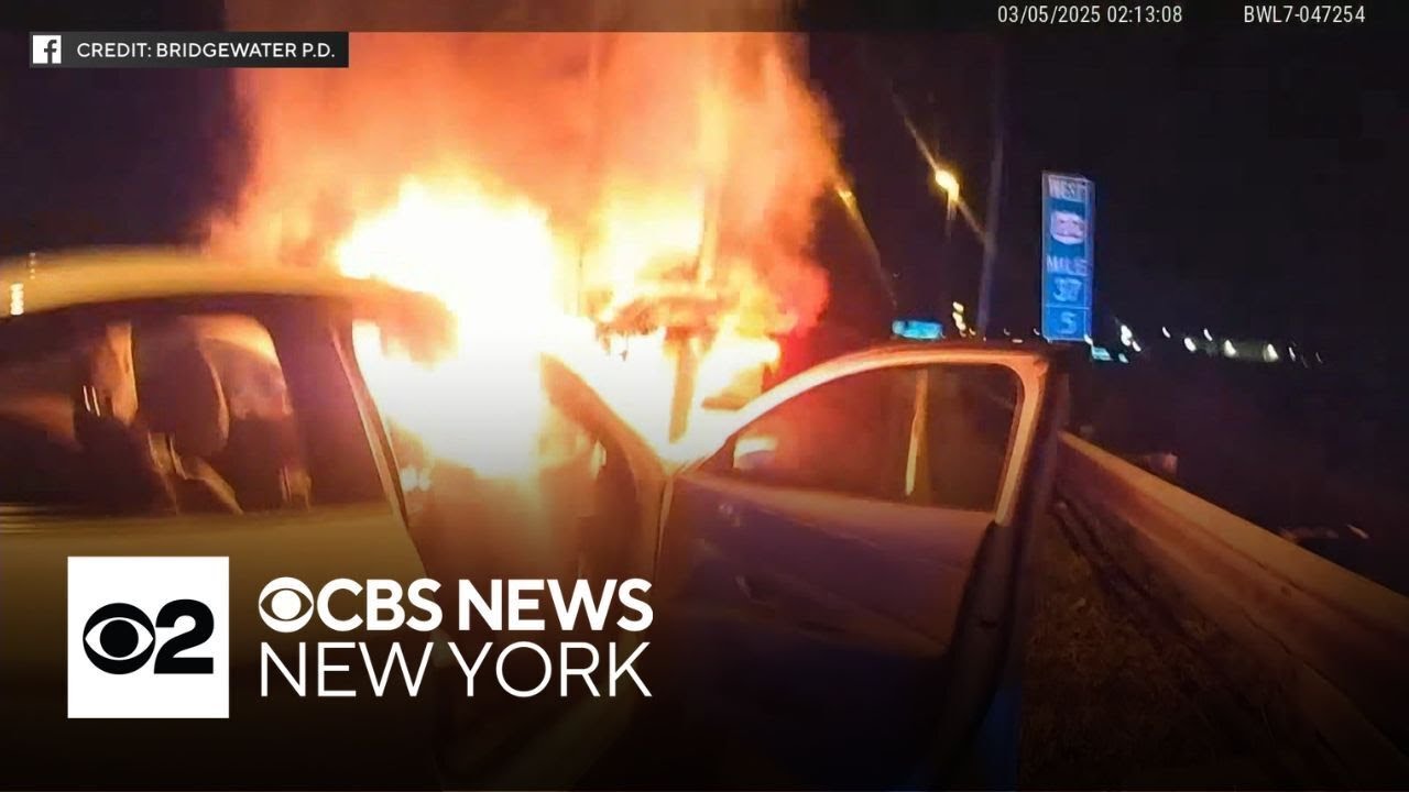 Video shows police officer saving driver from burning car in New Jersey ...
