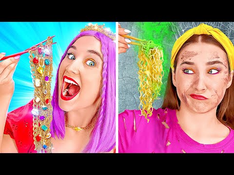 الطالبة الثرية تتحدى الطالبة الفقيرة أكل نودلز ذهبية ألعاب طرية مقابل حلويات الجيلي 