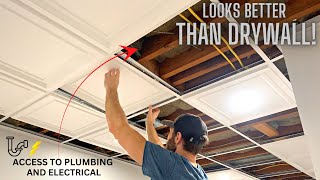 a drop ceiling that looks better than drywall! (how to install a drop ceiling in a basement - diy)