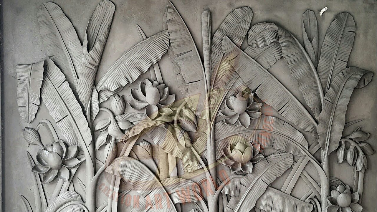 Awesome 3D rendering heigh relief mural with sand & cement on the concrete wall, Banana leaf & Lotus