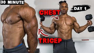 30 MINUTE CHEST AND TRICEP WORKOUT AT HOME (DUMBBELLS ONLY!) | NO BENCH NEEDED - DAY 1