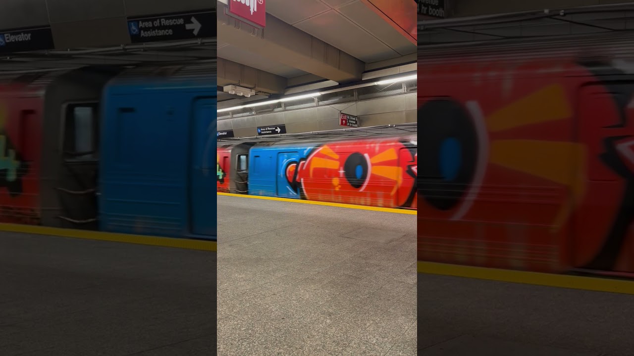A whole train of graffiti on the qtrain in New York City. Filmed Monday 4/28/24