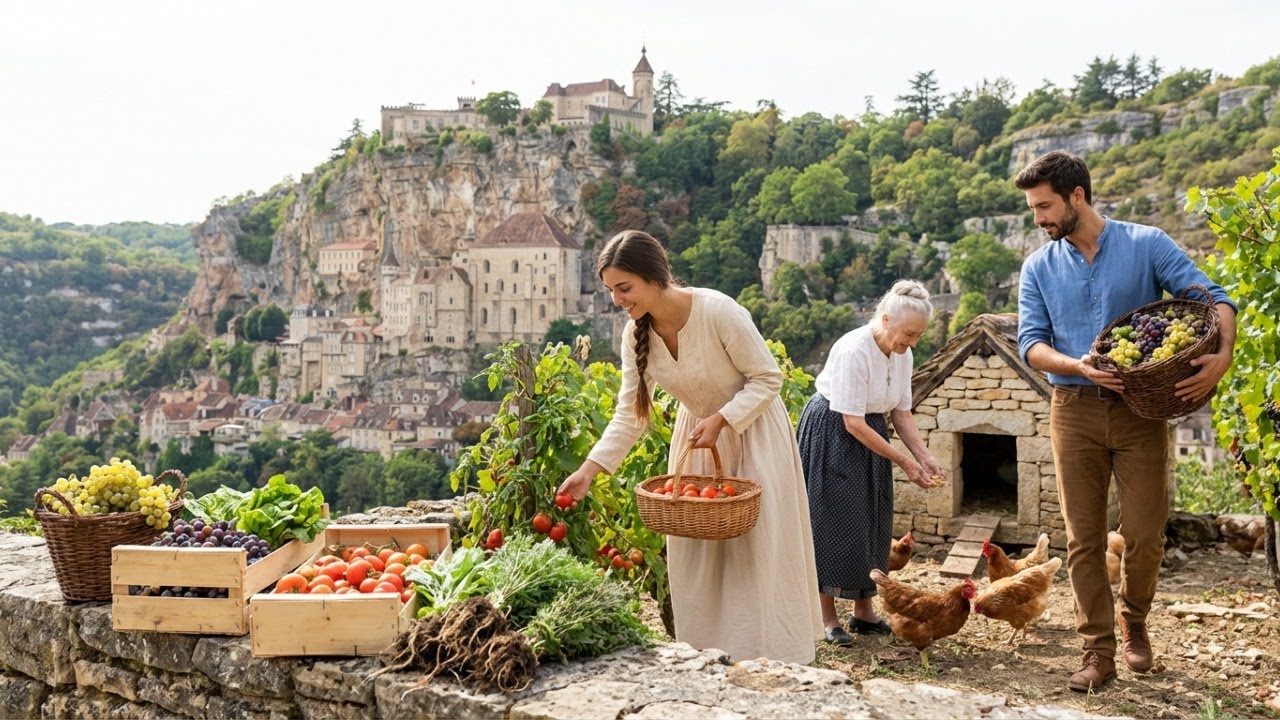 Тихое утро в Рокамадуре. Деревня, расположенная на скале.