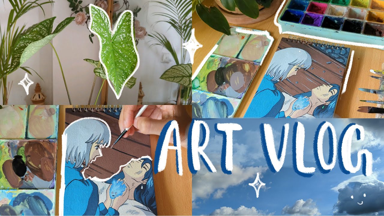 ART VLOG // painting Howl and Sophie 🏼 new plant🌿 skies☁️~ gouache ...