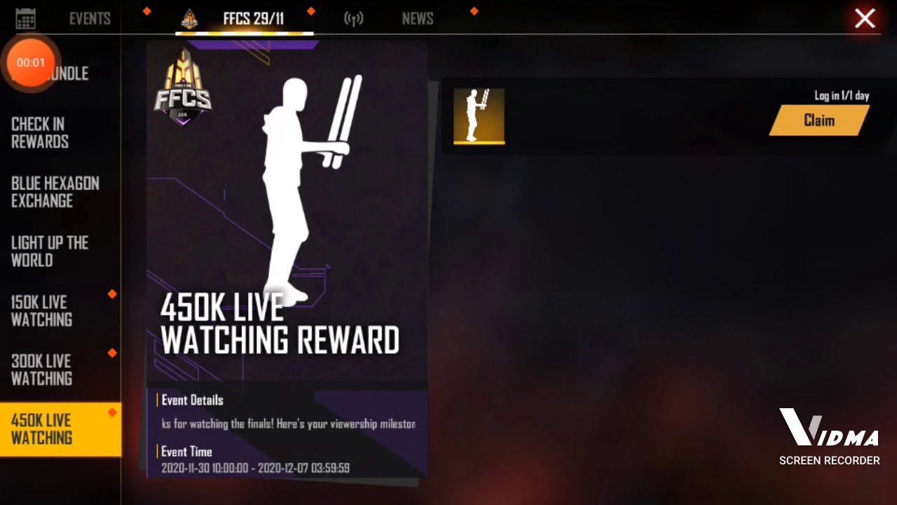 150k/300k/450k live watching rewards free fire,free emote,8level card and characters