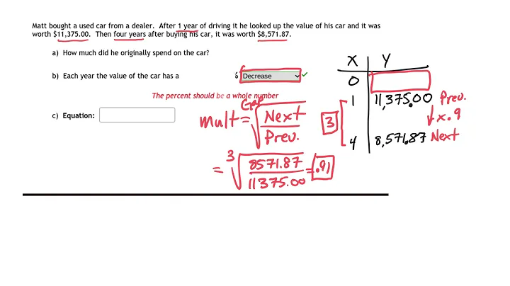 EXP.3 - Exponential equation word problem of depreciating car values.