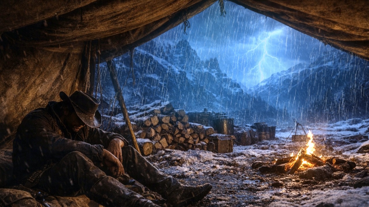 Артур Укрывается под походной палаткой, Перед костром, Рядом с кучей дров во время