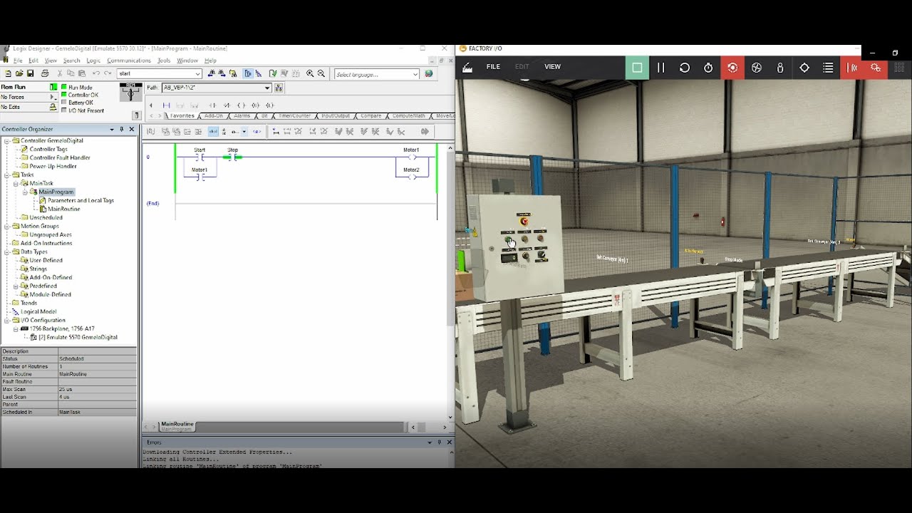 Prueba Lógica Arranque y parada con PLC Studio 5000 y Factory IO - YouTube