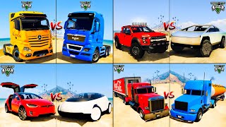 Tesla Cybertruck vs Model X vs Apple Car vs Mercedes Truck vs Man vs Ford Pickup - GTA 5 Cars