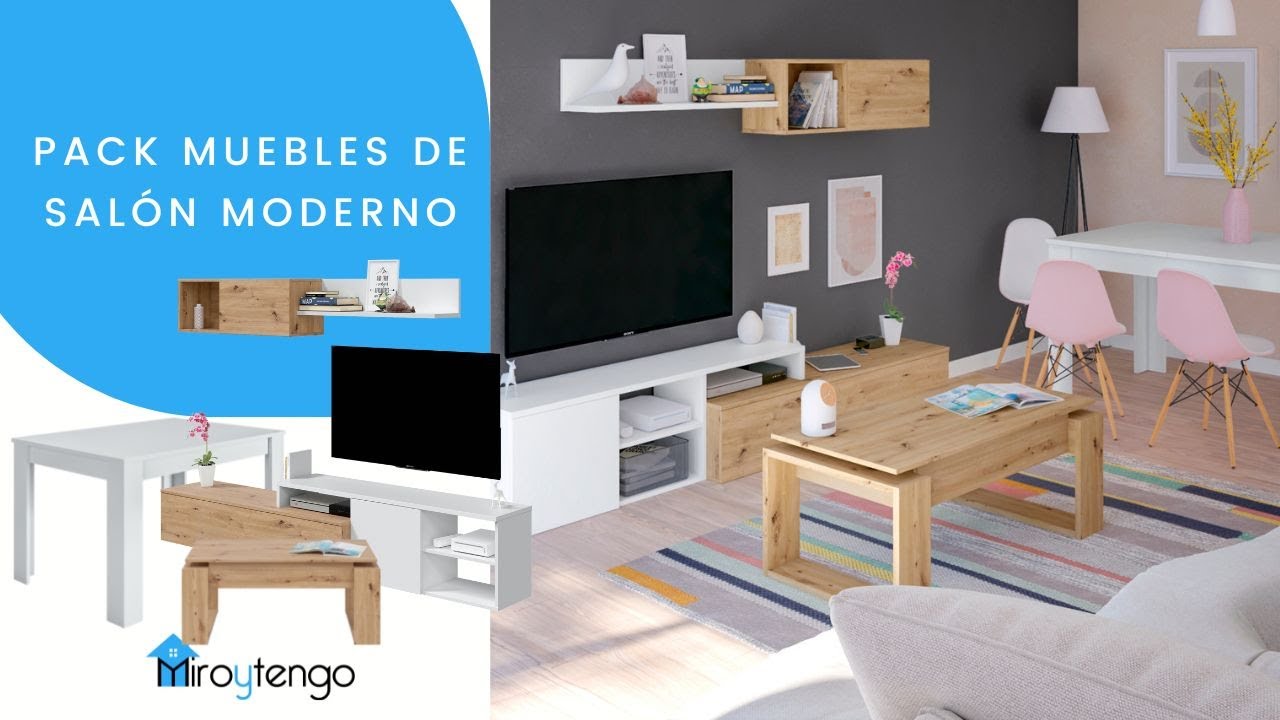 Miroytengo Pack Muebles salón Completo Color Roble y Blanco Estilo nórdico  (Mueble salón + Mesa Centro + Escritorio)