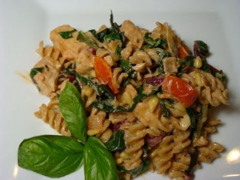Creamy Chicken Rotini with Swiss Chard - Pasta with Chicken, Swiss Chard and Pine Nuts