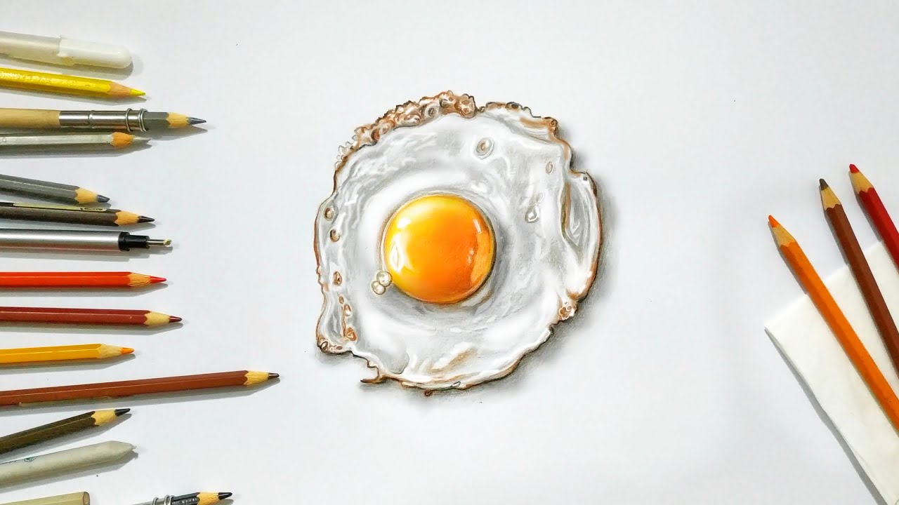 Menggambar 3d Realistis Telur ceplok dengan Pensil warna