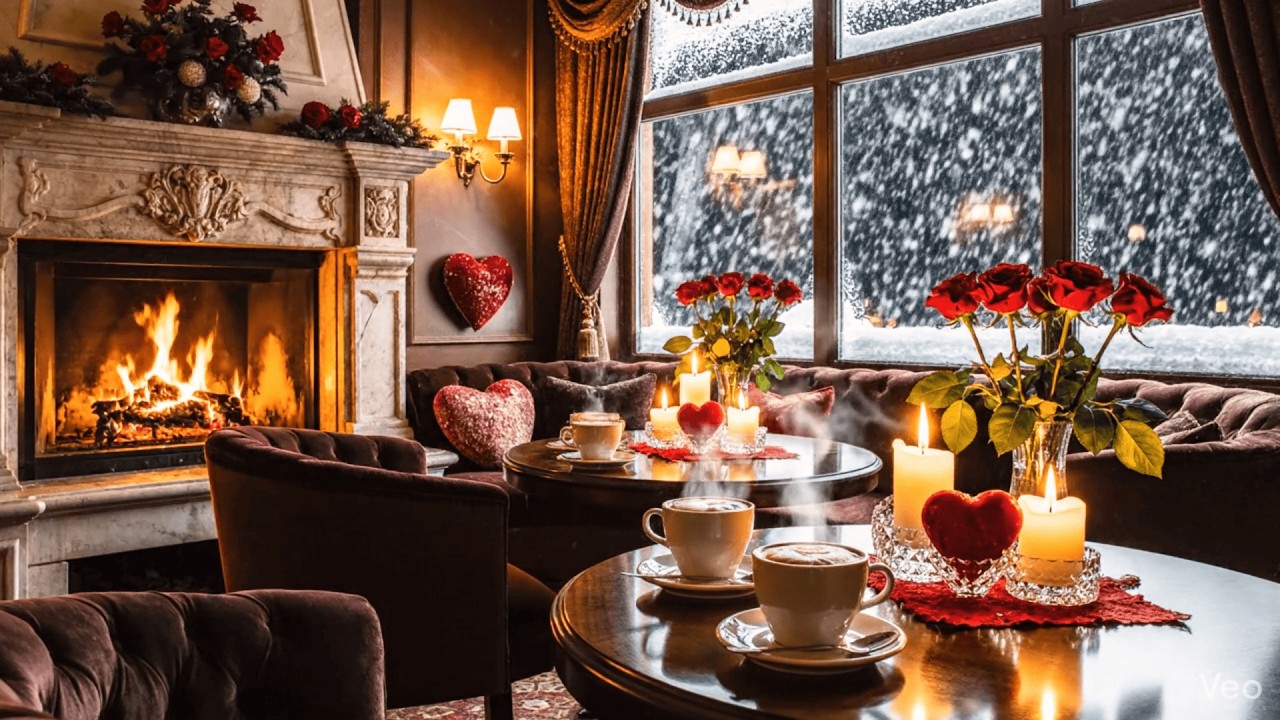 Snowy Night Café Jazz ☕❄️ Gentle Piano & Fireplace Ambience for Relaxation